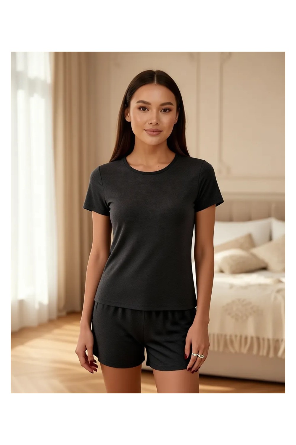 Los Ojos x Ece Kahverengi Modal Kumaşlı Kısa Kollu Şortlu Pijama Takımı Ribbed Pj4 görsel 7