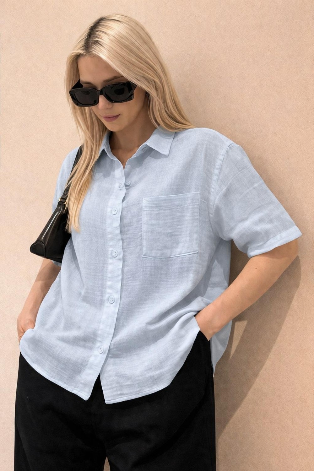 Muzotex Muslin Kumaş Kısa Kollu Basic Kadın Gömlek görsel 6