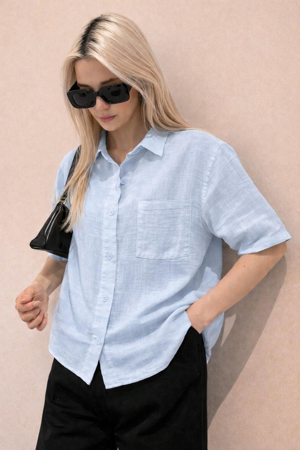 Muzotex Muslin Kumaş Kısa Kollu Basic Kadın Gömlek görsel 8