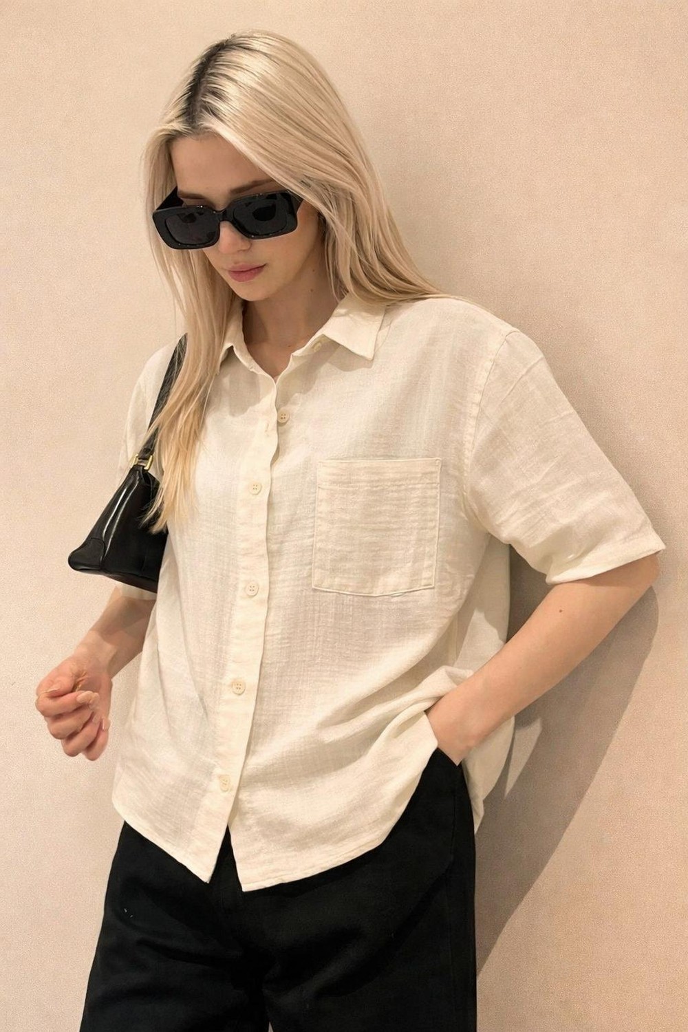 Muzotex Muslin Kumaş Kısa Kollu Basic Kadın Gömlek