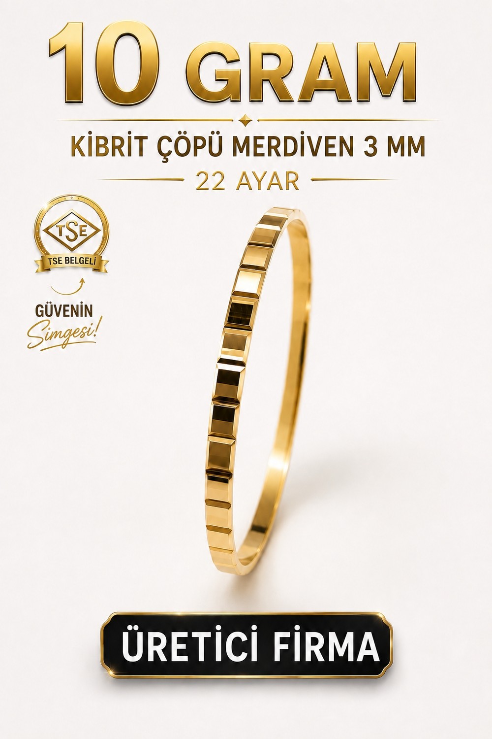 Aks Gold 22 Ayar Tse Belgeli (10 Gram) Kibrit Çöpü Merdiven 3 mm Ajda Altın Işçiliksiz Bilezik Gold