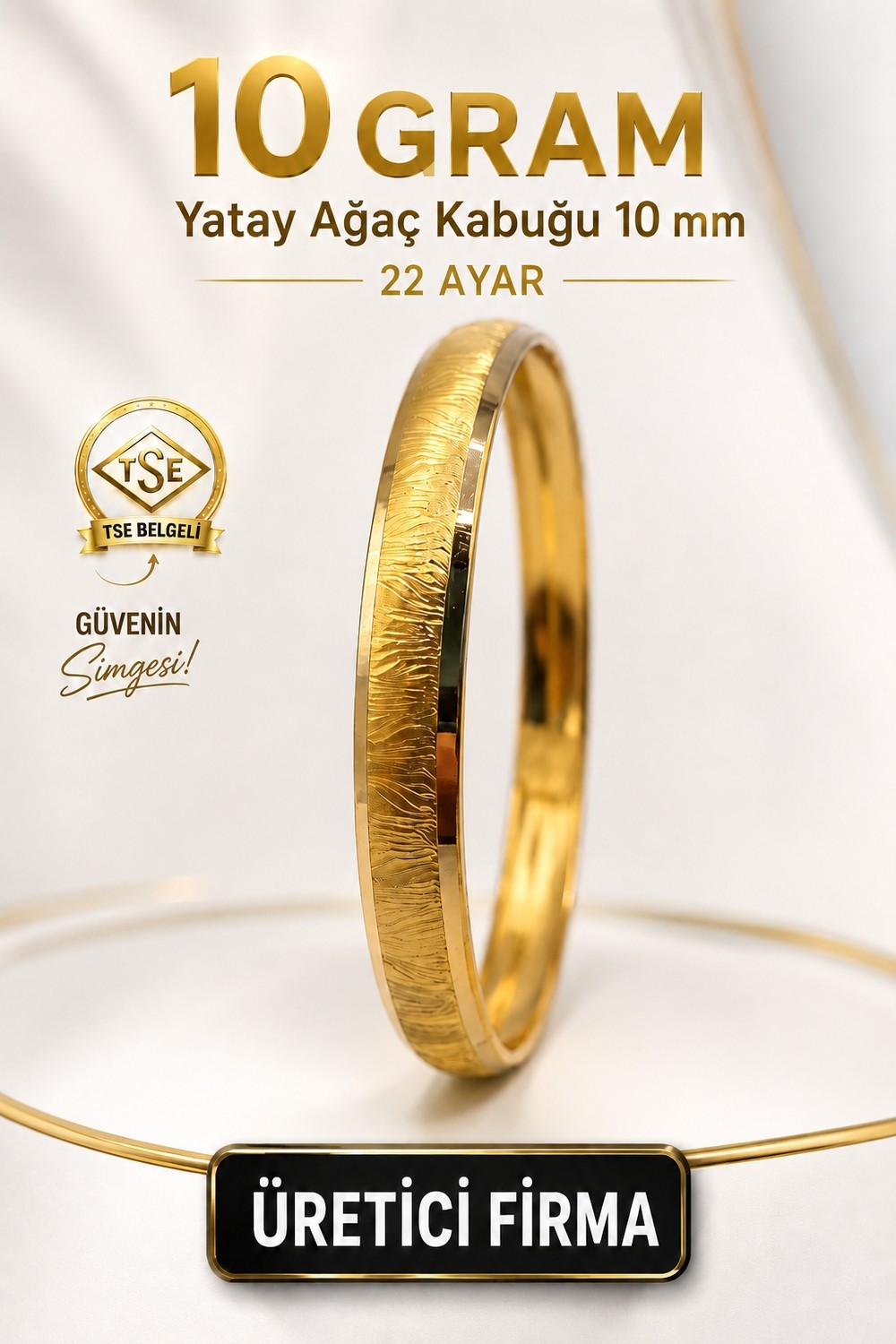 Aks Gold 22 Ayar TSE Belgeli (10 GRAM) Yatay Yan Ağaç Kabuğu 10 mm Ajda Altın Bilezik Gold Düğün