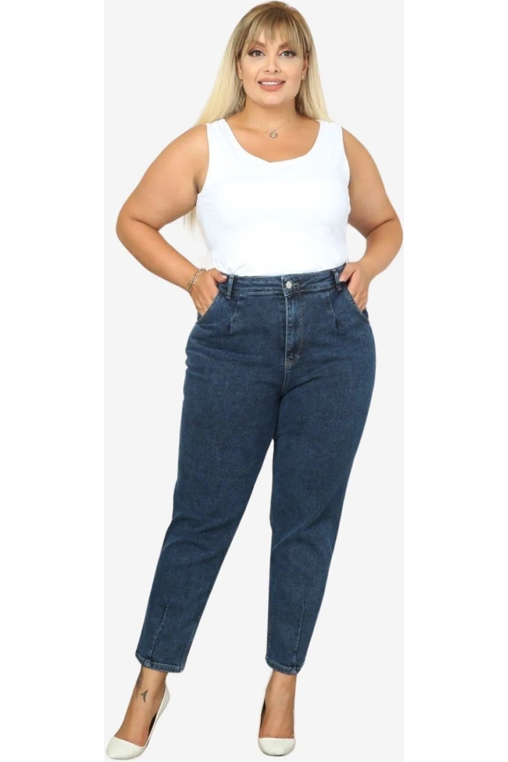 Cedy Denim Cedy Kadın Büyük Beden Pileli Mom Jean Pantolon C600 Yüksek Bel Likralı Günlük Stil görsel 8