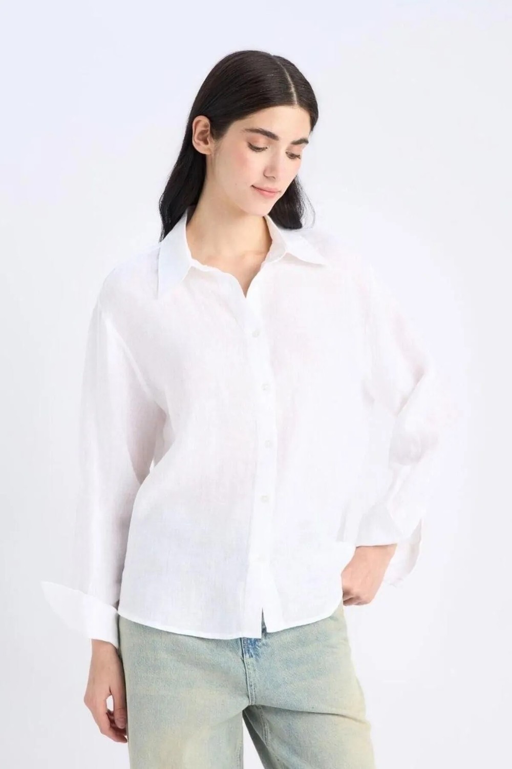 DeFacto %100 Keten Oversize Uzun Kollu Gömlek Z6638AZ26SM görsel 8