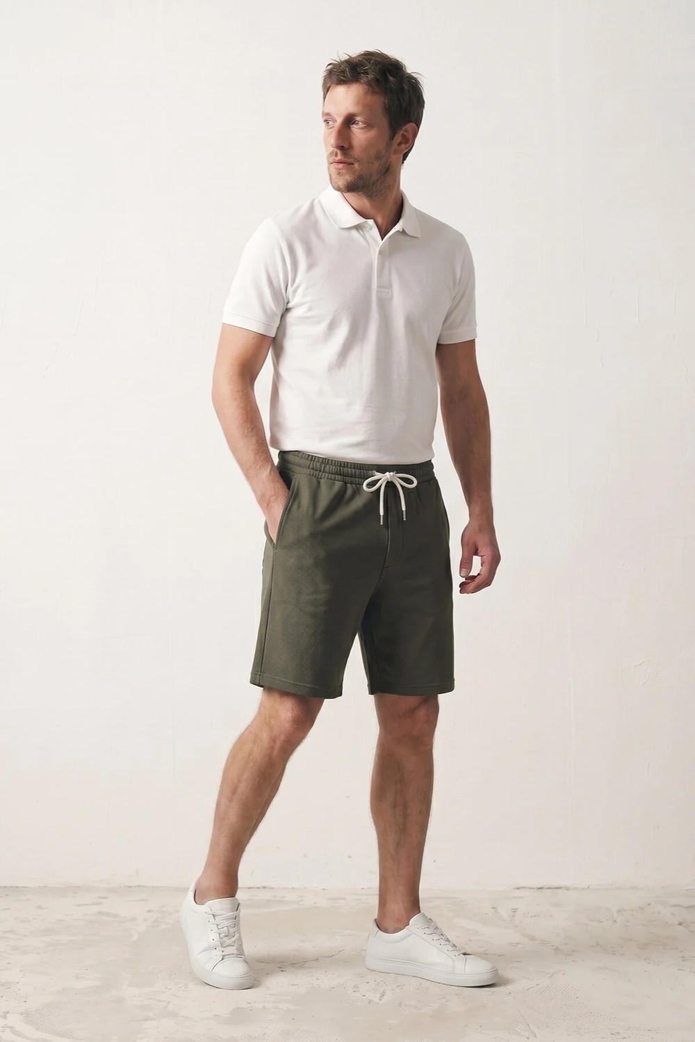 elemge Haki Dokulu Kumaş Rahat Kalıp Beli İpli Erkek Şort Günlük Basic Regular Fit Cepli Normal Bel Esnek Bermuda İnce Soft Touch