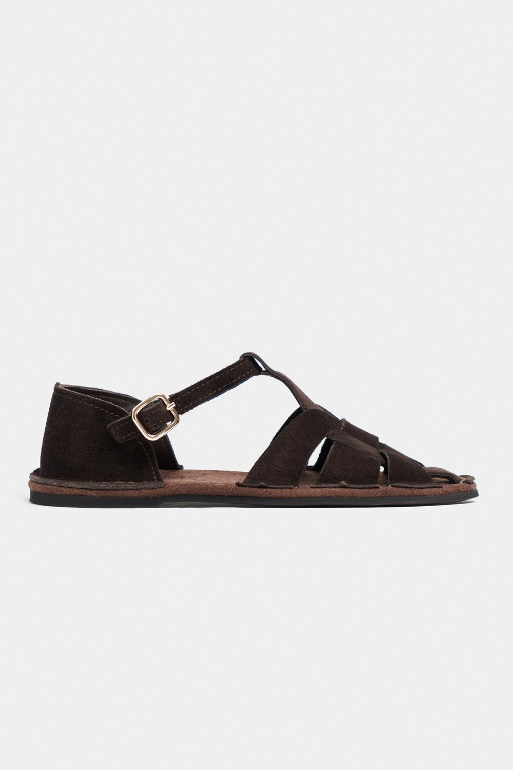 Nişantaşı Shoes Solto Kahve Süet Deri Toka Detay Düz Taban Kadın Sandalet