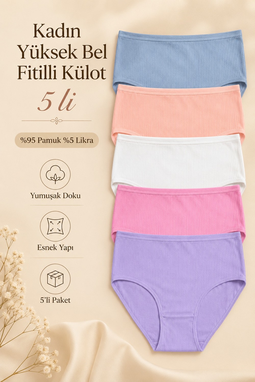 Nicoletta Kadın Külot 5 Li Paket Likralı Pamuklu Yüksek Bel Fitilli Ribana Somon görsel 2