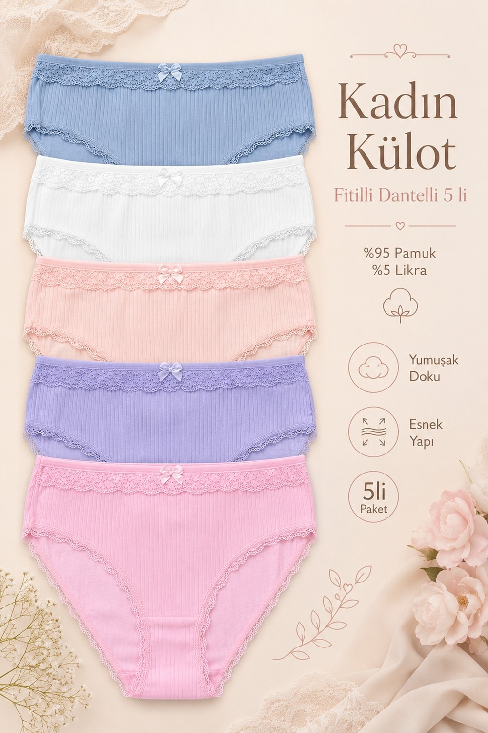 Nicoletta Kadın Külot 5 Li Paket Likralı Pamuklu Fitilli Kaşkorse Dantelli Somon görsel 2