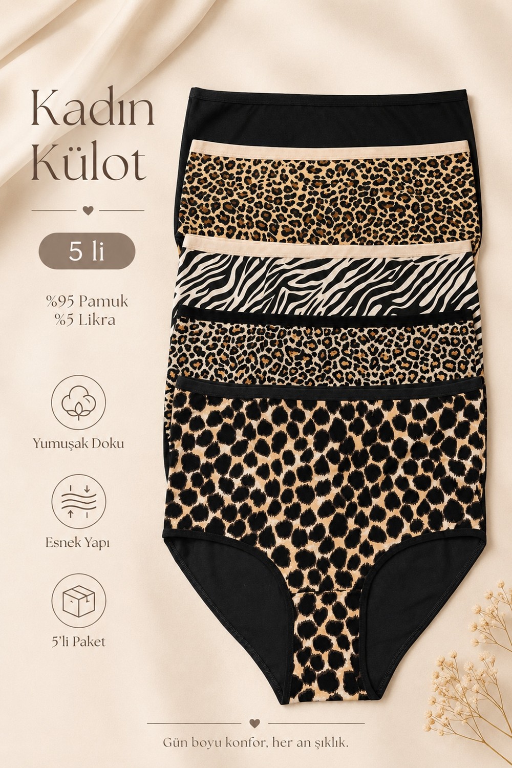 Nicoletta Kadın Külot 5 Li Paket Likralı Pamuklu Leopar Yüksek Bel Kahverengi görsel 2