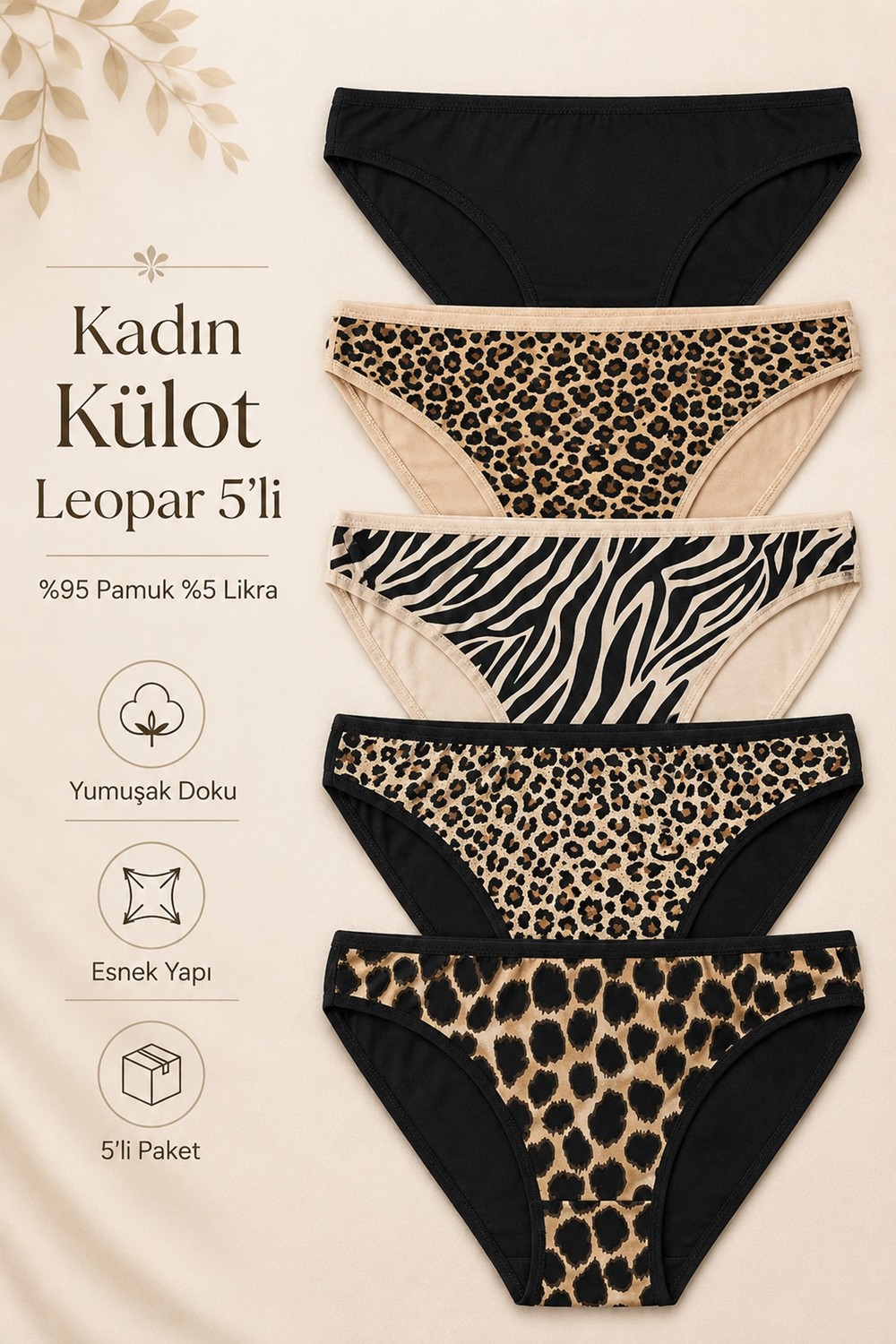 Nicoletta Kadın Külot 5 Li Paket Likralı Pamuklu Leopar Kahverengi görsel 2