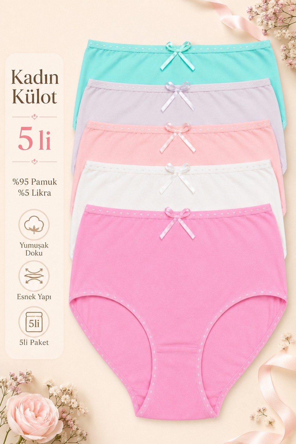 Nicoletta Kadın Külot 5 Li Paket Likralı Pamuklu Yüksek Bel Somon