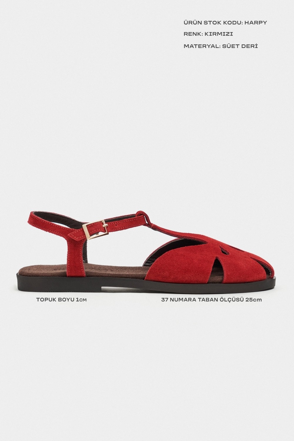 Nişantaşı Shoes Harpi Kırmızı Süet Deri Toka Detay Düz Taban Kadın Sandalet görsel 3