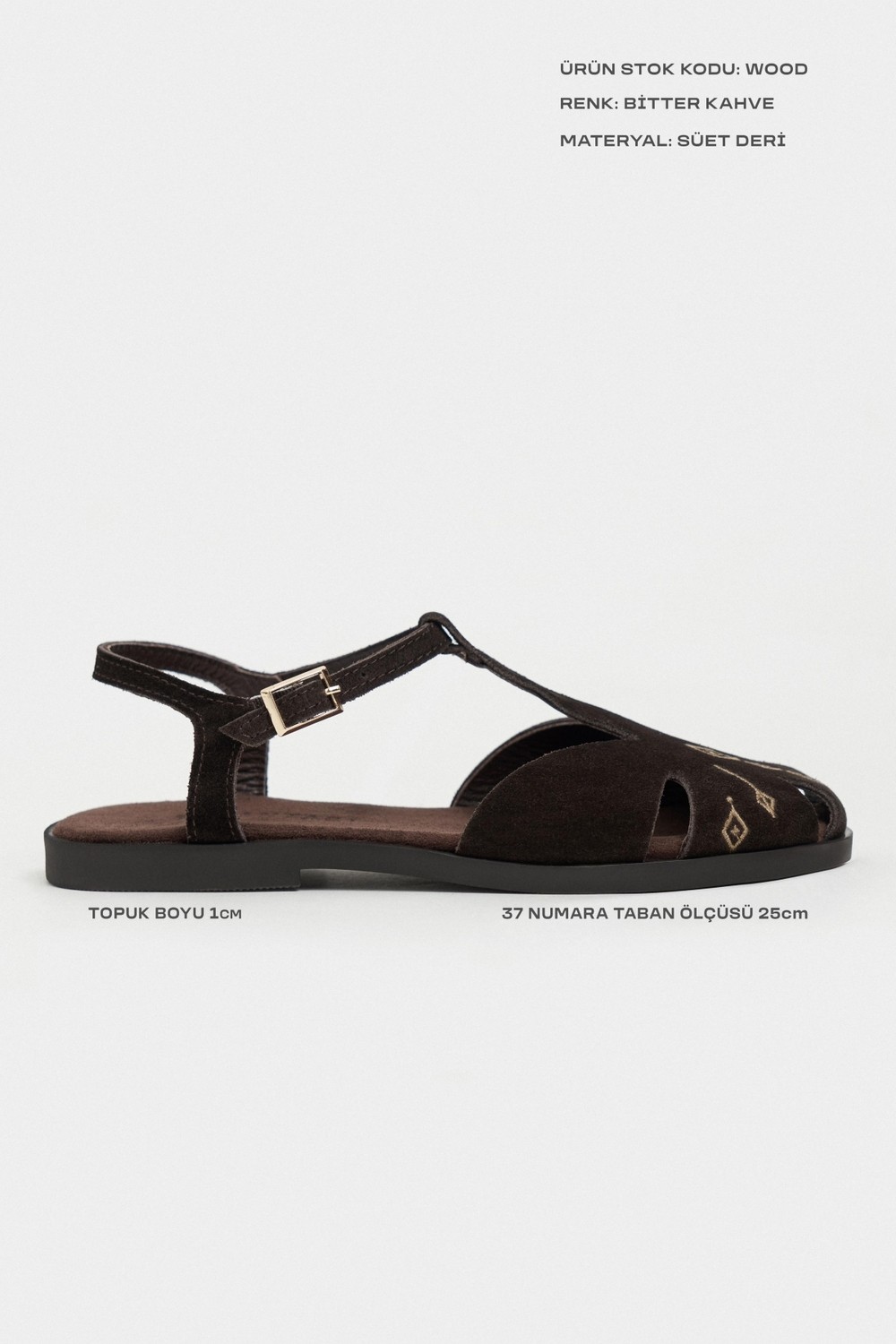 Nişantaşı Shoes Wood Bitter Kahve Süet Deri Nakış Detay Düz Taban Kadın Sandalet görsel 8