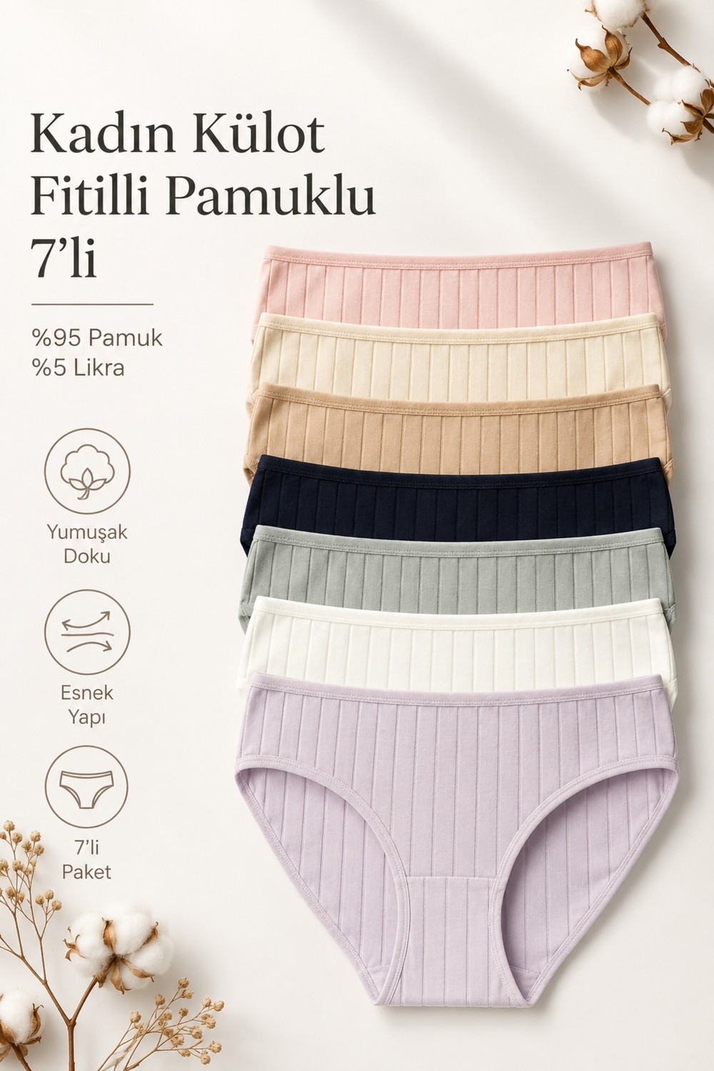 Nicoletta Kadın Külot 7 Li Paket Likralı Pamuklu Fitilli Kaşkorse Mixcolor