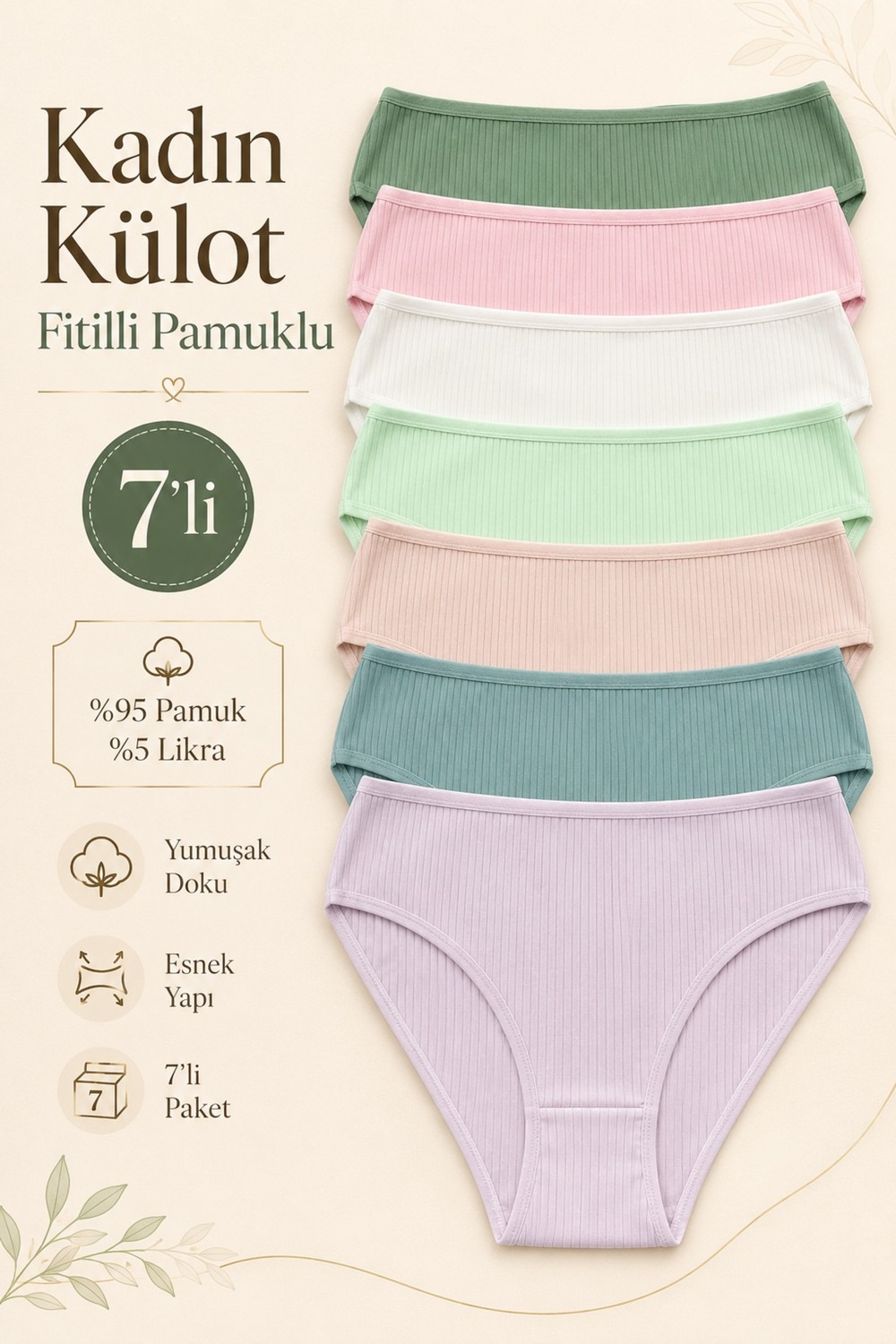 Nicoletta Kadın Külot 7 Li Paket Likralı Pamuklu Fitilli Kaşkorse Mixcolor görsel 2