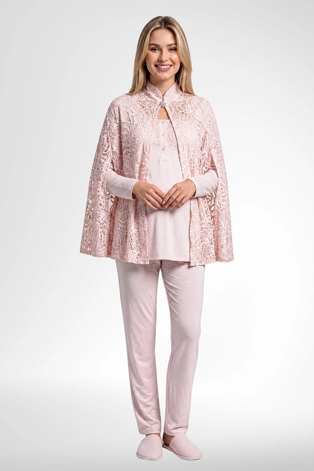 Mecit Pijama Mecit 6402 Elegant Pudra Pembe Dantel Pelerinli Lohusa Pijama Takımı
