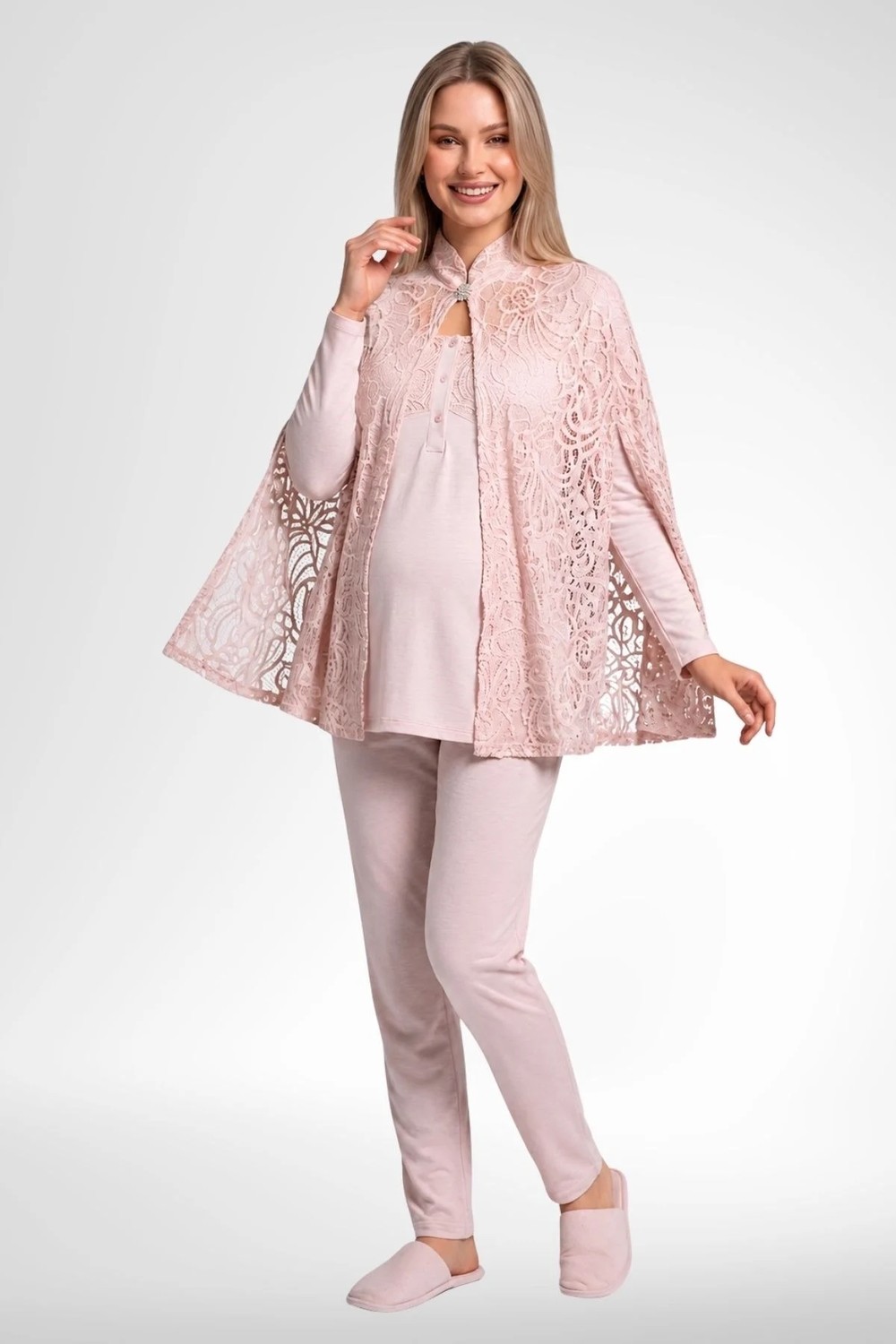 Mecit Pijama Mecit 6402 Elegant Pudra Pembe Dantel Pelerinli Lohusa Pijama Takımı görsel 2