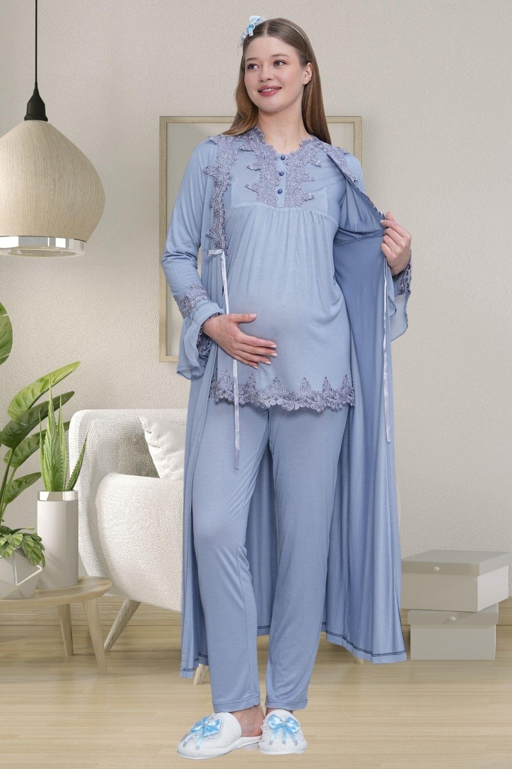 Mecit Pijama Mecit 1517 Mavi Sabahlıklı Lohusa Pijama Takımı