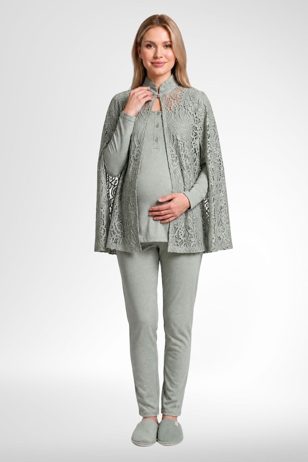Mecit Pijama Mecit 6402 Elegant Yeşil Dantel Pelerinli Lohusa Pijama Takımı
