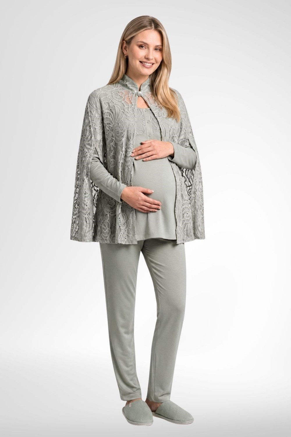 Mecit Pijama Mecit 6402 Elegant Yeşil Dantel Pelerinli Lohusa Pijama Takımı görsel 2