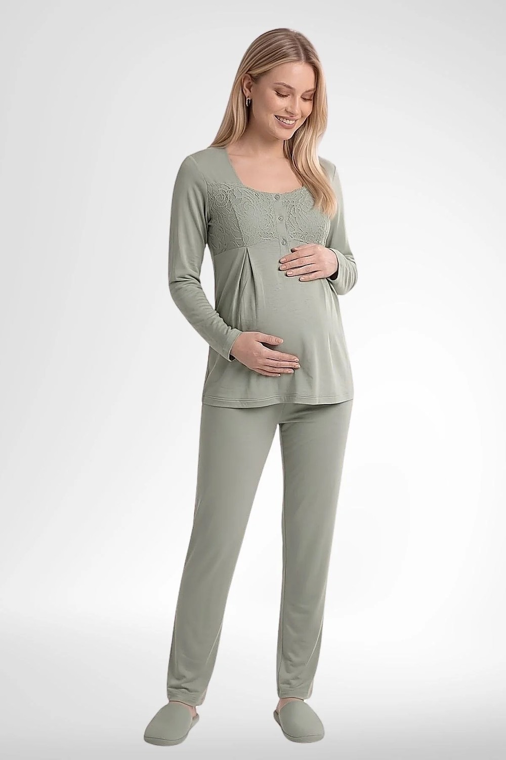 Mecit Pijama Mecit 6402 Elegant Yeşil Dantel Pelerinli Lohusa Pijama Takımı görsel 3