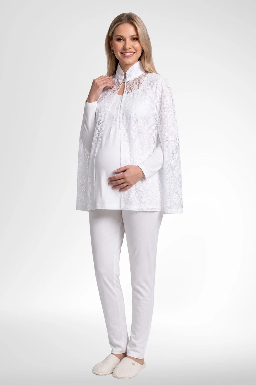 Mecit Pijama Mecit 6402 Elegant Ekru Dantel Pelerinli Lohusa Pijama Takımı