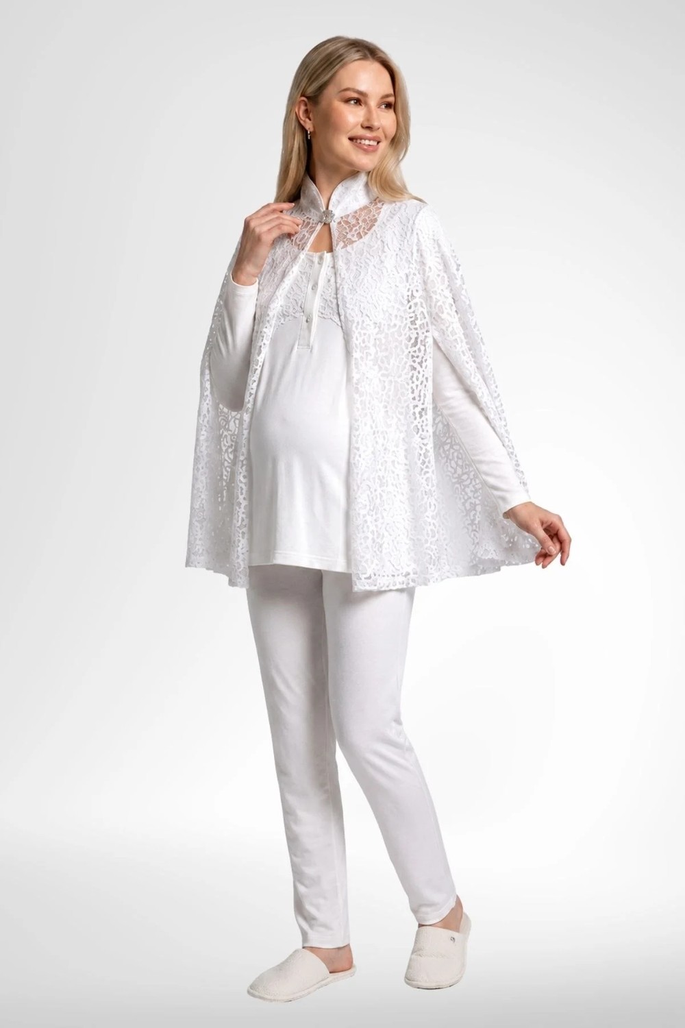 Mecit Pijama Mecit 6402 Elegant Ekru Dantel Pelerinli Lohusa Pijama Takımı görsel 2