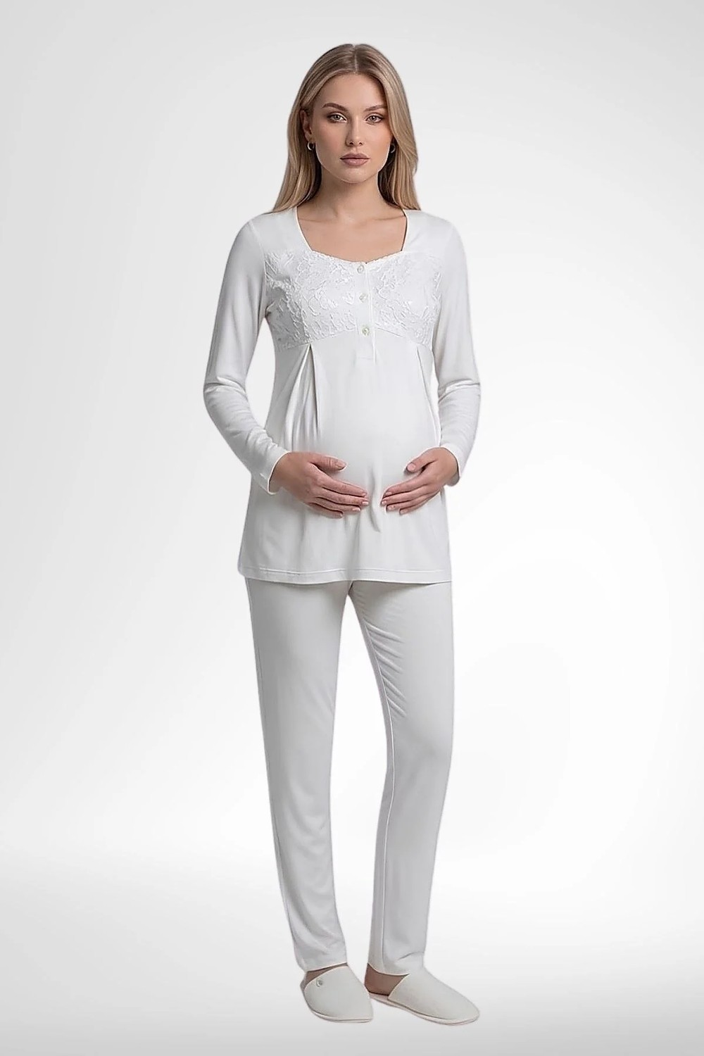 Mecit Pijama Mecit 6402 Elegant Ekru Dantel Pelerinli Lohusa Pijama Takımı görsel 3