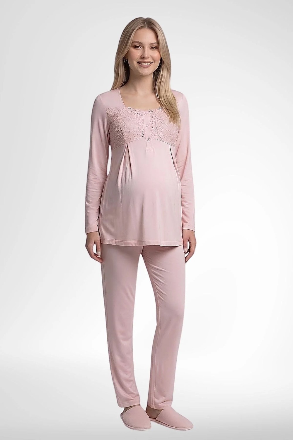 Mecit Pijama Mecit 6402 Elegant Pudra Pembe Dantel Pelerinli Lohusa Pijama Takımı görsel 3