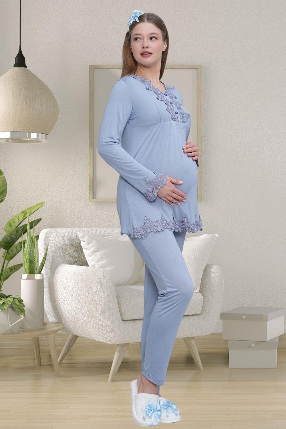 Mecit Pijama Mecit 1517 Mavi Sabahlıklı Lohusa Pijama Takımı görsel 2