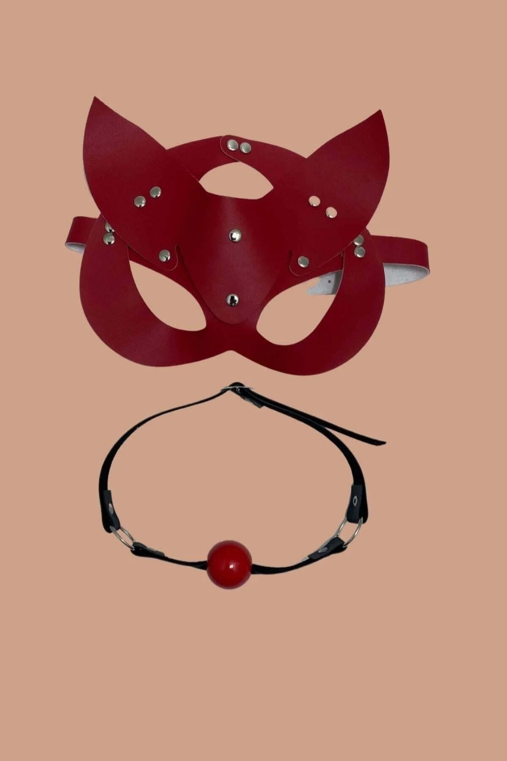 3D Sepetim Kırmızı Deri Maske ve Ağız Topu Harness Aksesuar
