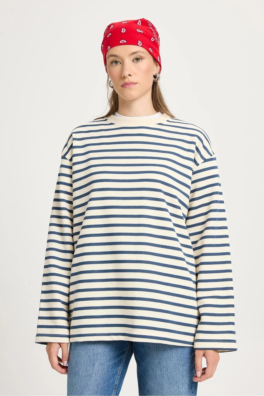 Minaaise Kadın Çizgili Oversize Lacivert Krem Sweatshirt 30010 görsel 2
