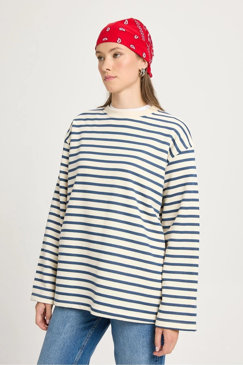 Minaaise Kadın Çizgili Oversize Lacivert Krem Sweatshirt 30010 görsel 4