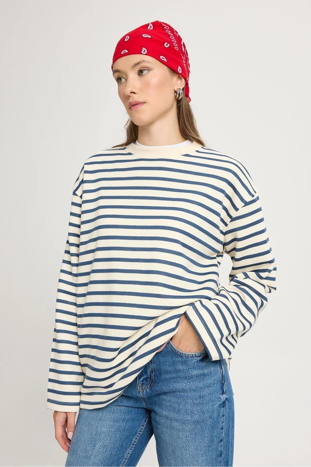 Minaaise Kadın Çizgili Oversize Lacivert Krem Sweatshirt 30010 görsel 6