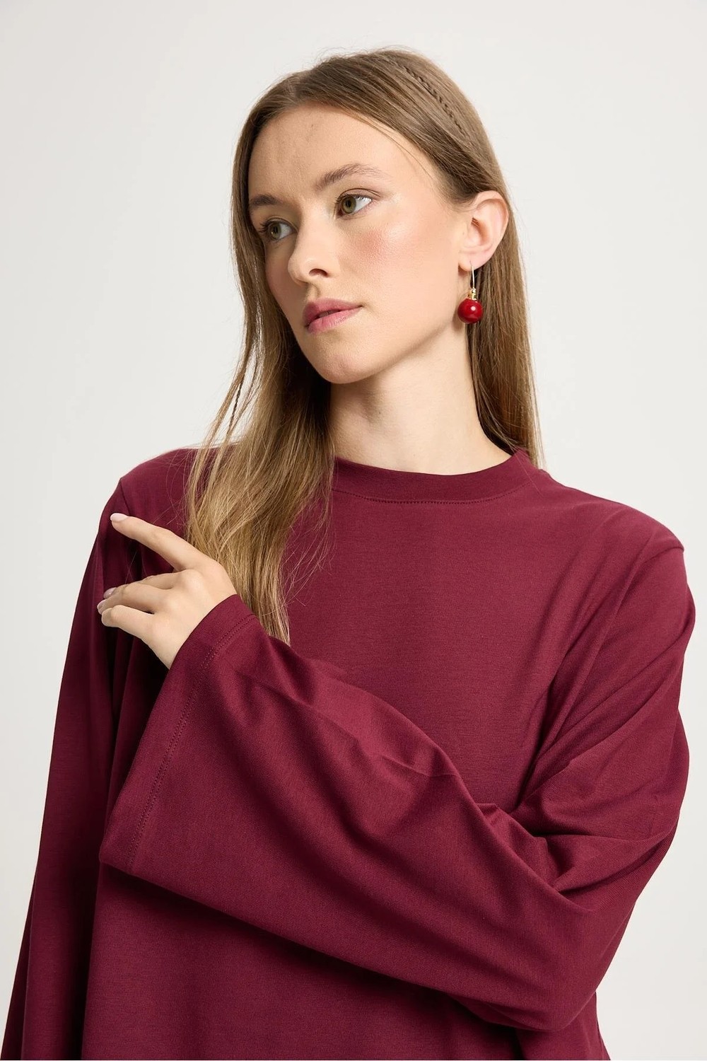 Minaaise Kadın Lacivert Geniş Kol Oversize Kısa Basic T-Shirt 30059 görsel 7