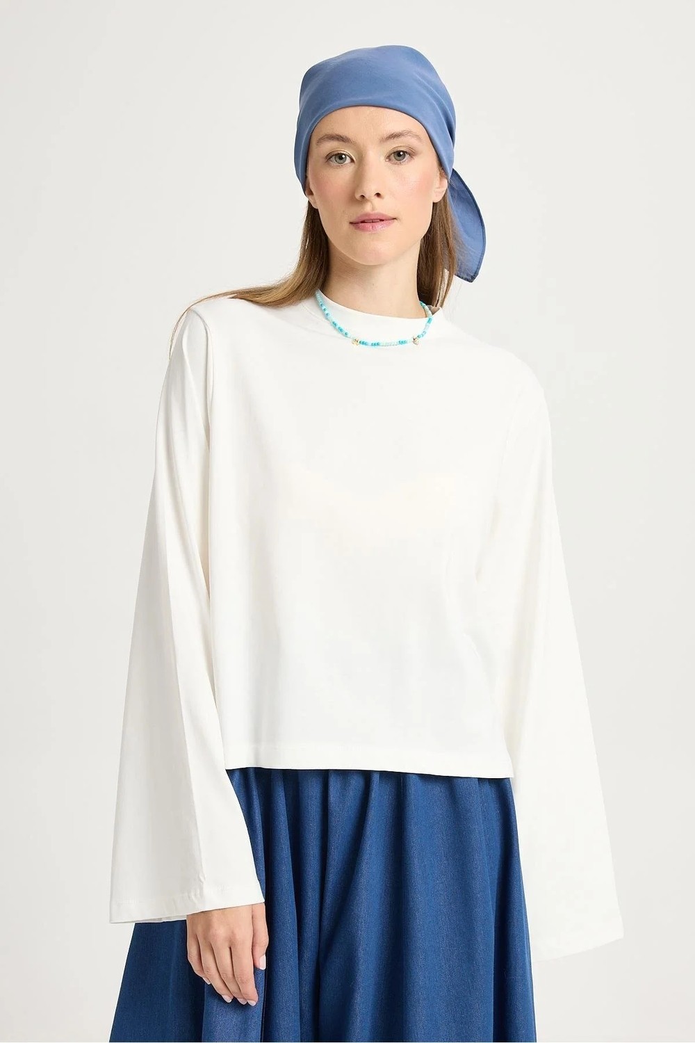 Minaaise Kadın Lacivert Geniş Kol Oversize Kısa Basic T-Shirt 30059