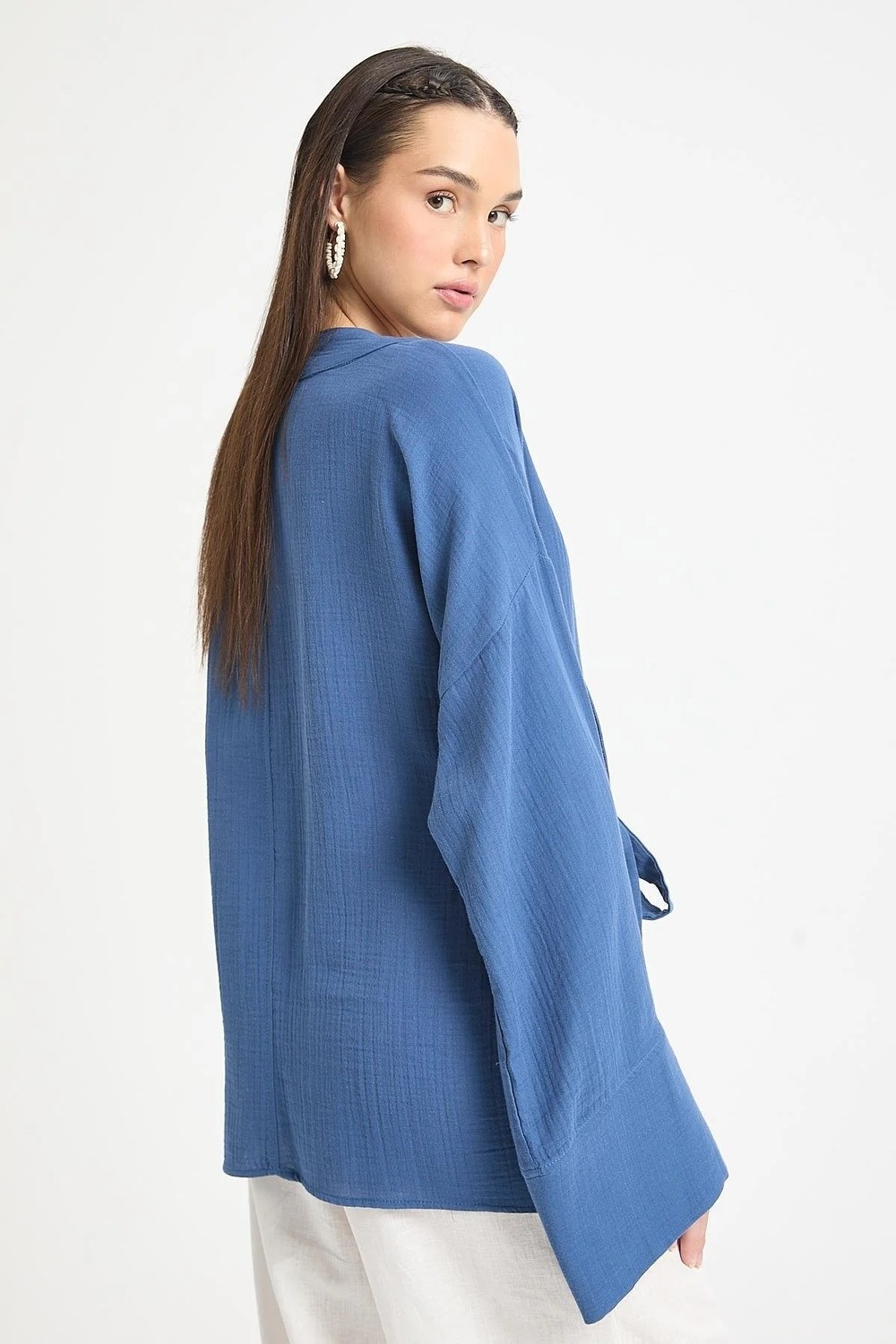 Minaaise İndigo Oversize Müslin Kimono 29219 görsel 4