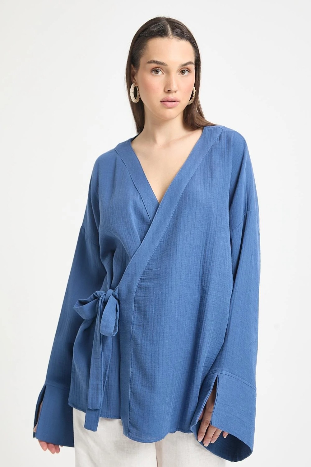 Minaaise İndigo Oversize Müslin Kimono 29219 görsel 6