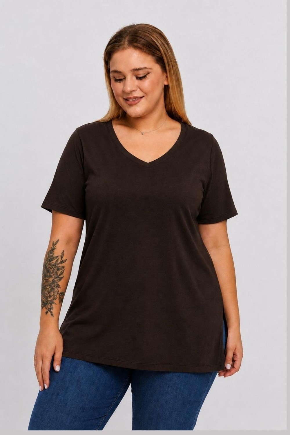 Sea Moda Büyük Beden V Yaka Yırtmaçlı Pamuk Basic Tshirt-Bordo