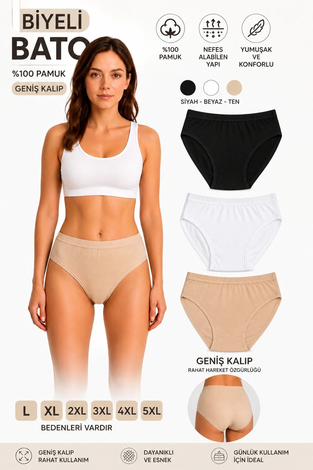 Westic Giyim Biyeli Bato Kadın Külot 3'lü Paket %100 Pamuk Geniş Kalıp Yüksek Bel Siyah Beyaz Ten L Xl 2xl 3xl 4xl 5xl Büyük Beden görsel 2