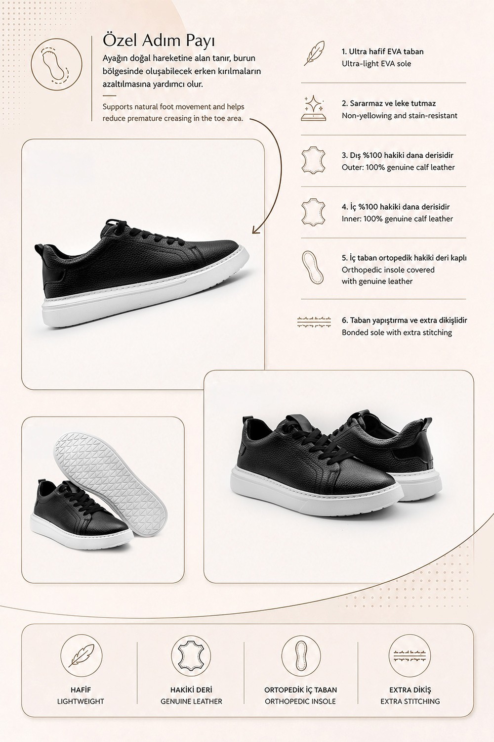 Siyah 100%Hakiki Deri Erkek Spor Sneaker Ortopedik Tabanlı VT27 görsel 5