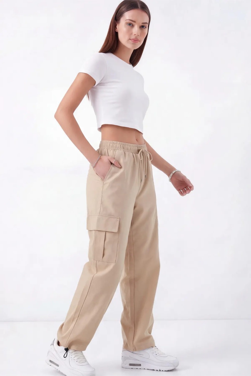 Veleno Kadın Lacivert Oversize Paraşüt Kumaş Kargo Cepli, Ayarlanabilir Paça Klipsli, Baggy Pantolon görsel 3