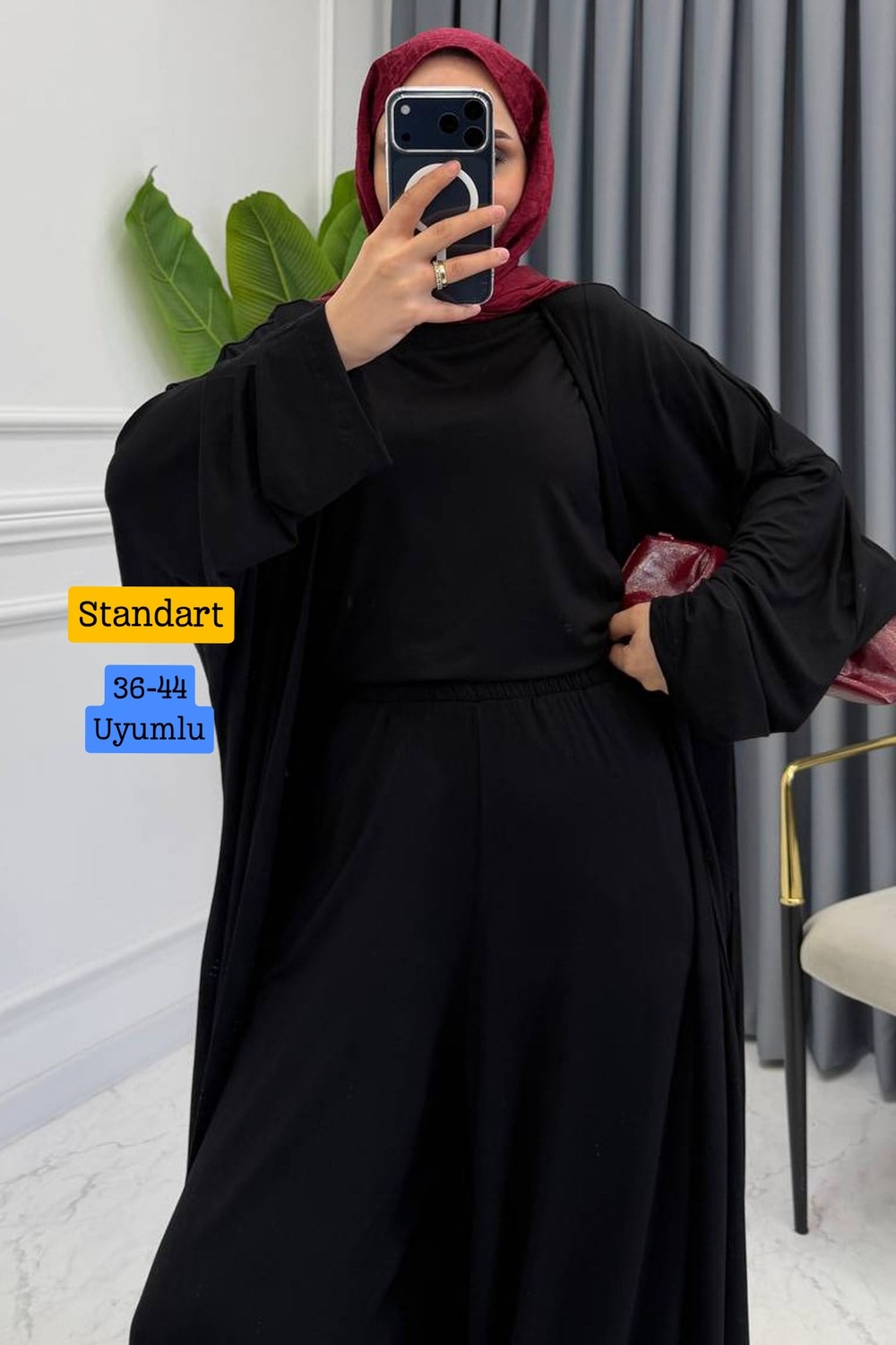 Balenbi Kadın Penye Uzun Hırka Bluz Geniş Paça Pantolon Abaya Takım 1217 görsel 4