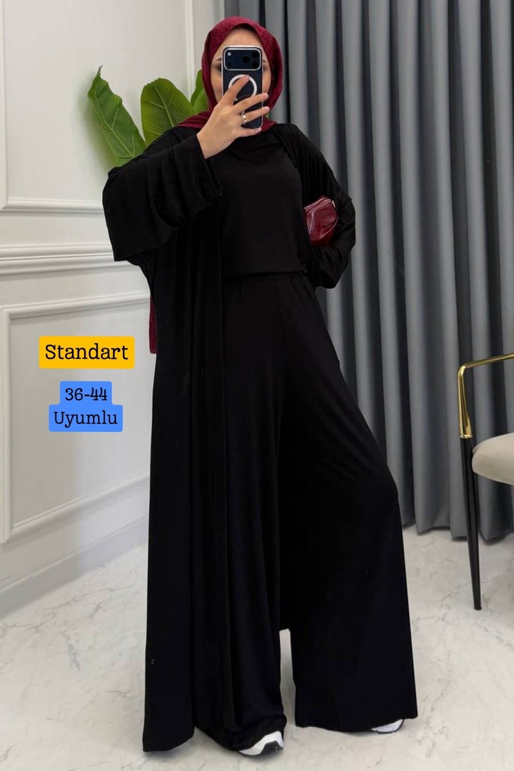 Balenbi Kadın Penye Uzun Hırka Bluz Geniş Paça Pantolon Abaya Takım 1217 görsel 5