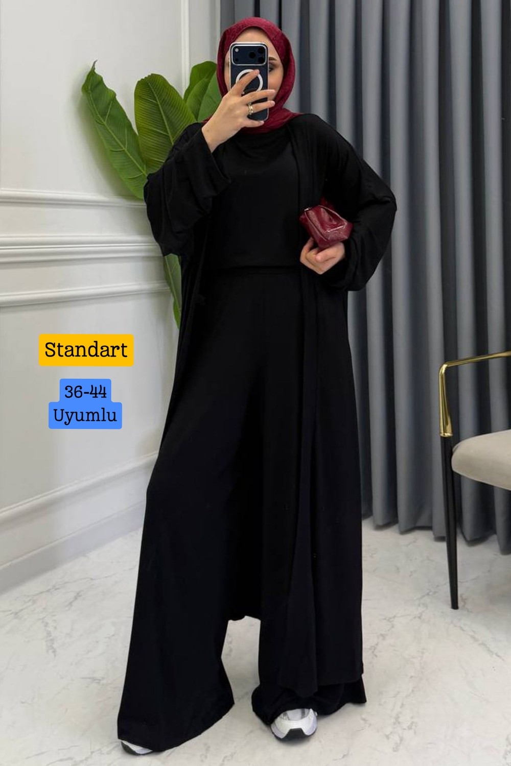 Balenbi Kadın Penye Uzun Hırka Bluz Geniş Paça Pantolon Abaya Takım 1217 görsel 6