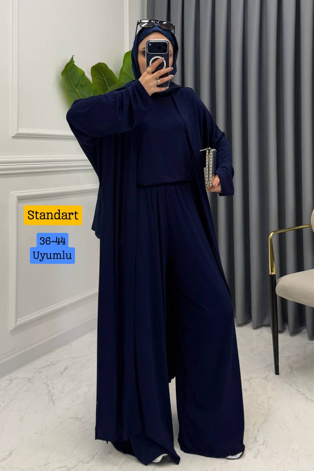 Balenbi Kadın Penye Uzun Hırka Bluz Geniş Paça Pantolon Abaya Takım 1217 görsel 7