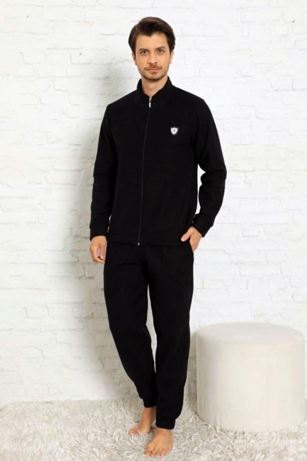 Pijama Evi Bordo Önden Fermuarlı Uzun Kollu Polar Erkek Pijama Takımı görsel 2