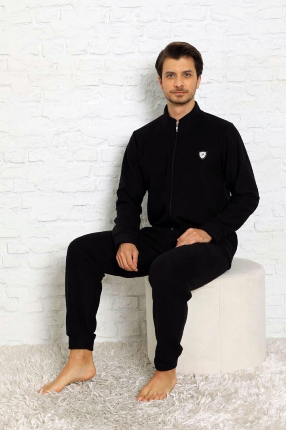 Pijama Evi Bordo Önden Fermuarlı Uzun Kollu Polar Erkek Pijama Takımı görsel 3