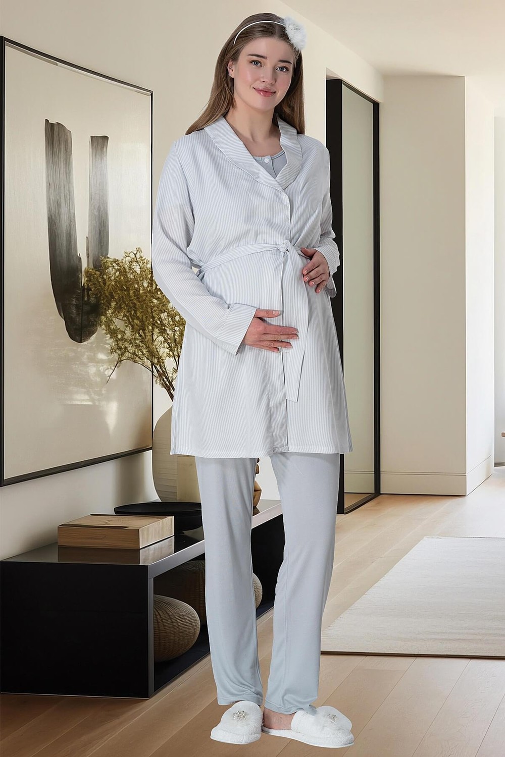 Mecit Pijama Mecit 6001 Gri Çizgili Sabahlıklı Lohusa Pijama Takımı