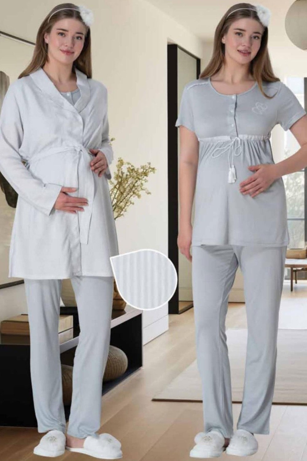 Mecit Pijama Mecit 6001 Gri Çizgili Sabahlıklı Lohusa Pijama Takımı görsel 3